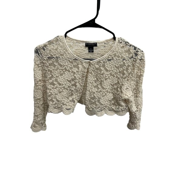 Connected Apparel Womens Ivory Scalloped Lace Cropped Cardigan Shrug SZ Small - Picture 1 of 8